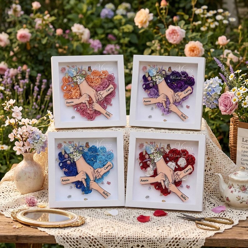 Personalised Rose Heart Hand Holding Flower Shadow Box With Kids Names Gift For Mother’S Day Gift