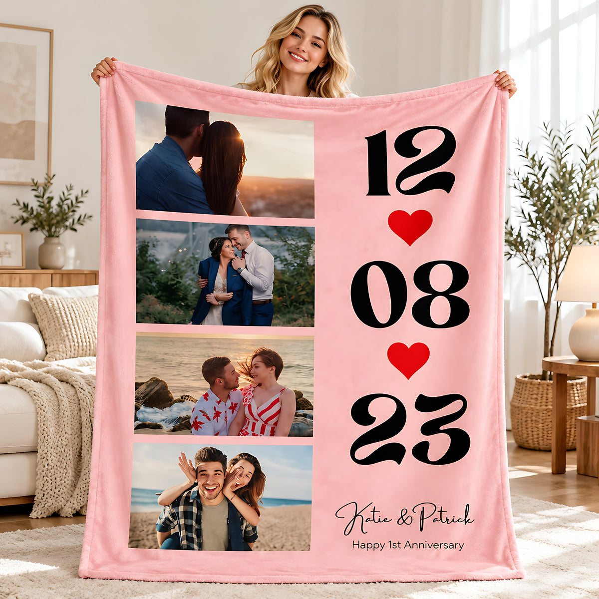 Personalized Photo & Date Blanket – 4 Custom Photos + Memorial Date, Soft Plush Throw, Ideal Gift for Couples, Anniversaries & Valentine's Day