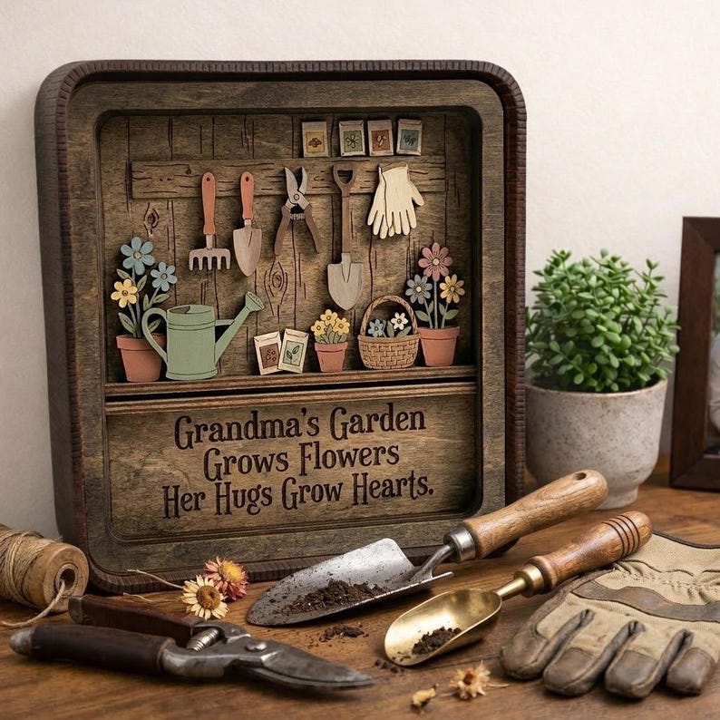 Grandma Garden Wooden Shadow Box – Personalized 3D Garden Tool Shelf Decor