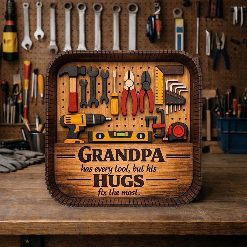 Grandpa Tool Shadow Box – Personalized 3D Wooden Workshop Shelf Decor Father’s Day Gift from Grandkids