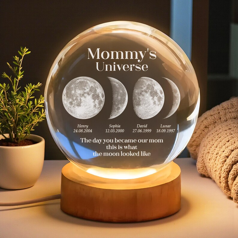 Personalized Mom Moon Phase Crystal Ball Night Light, Custom Gift for Mom or Grandma, Gift for Mom or Grandma Mother’s Day