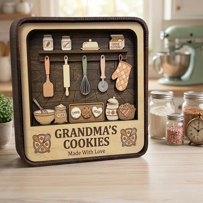 Grandma Baking Shadow Box – Personalized 3d Wooden Cookie Kitchen Decor Gift From Grandkids