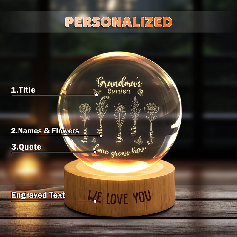 Getfamilygifts™ Grandma Garden Crystal Ball Night Light – Mother’s Day Gifts for Grandma | Custom Grandkids' Names & Birth Month Flower Keepsake