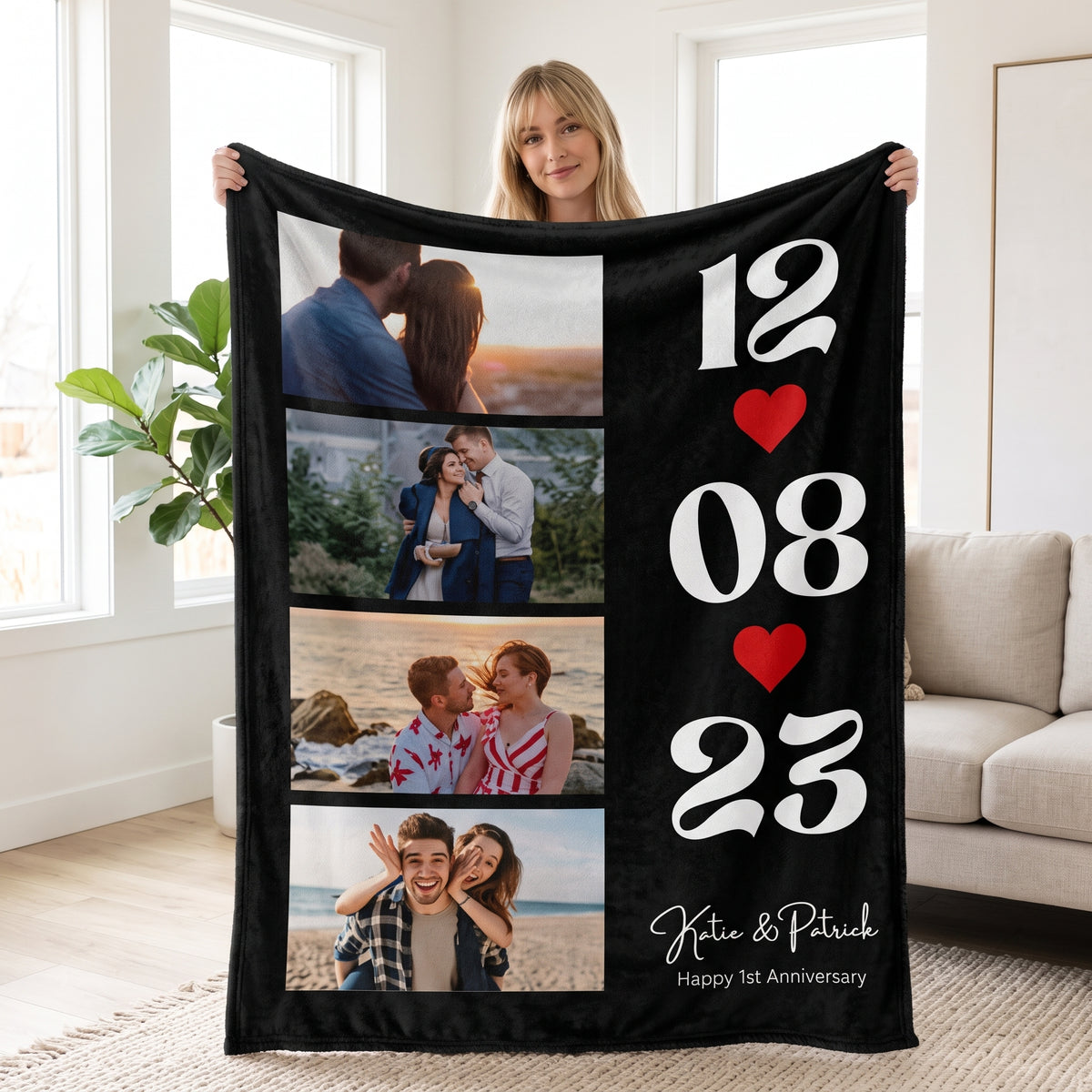 Personalized Photo & Date Blanket – 4 Custom Photos + Memorial Date, Soft Plush Throw, Ideal Gift for Couples, Anniversaries & Valentine's Day