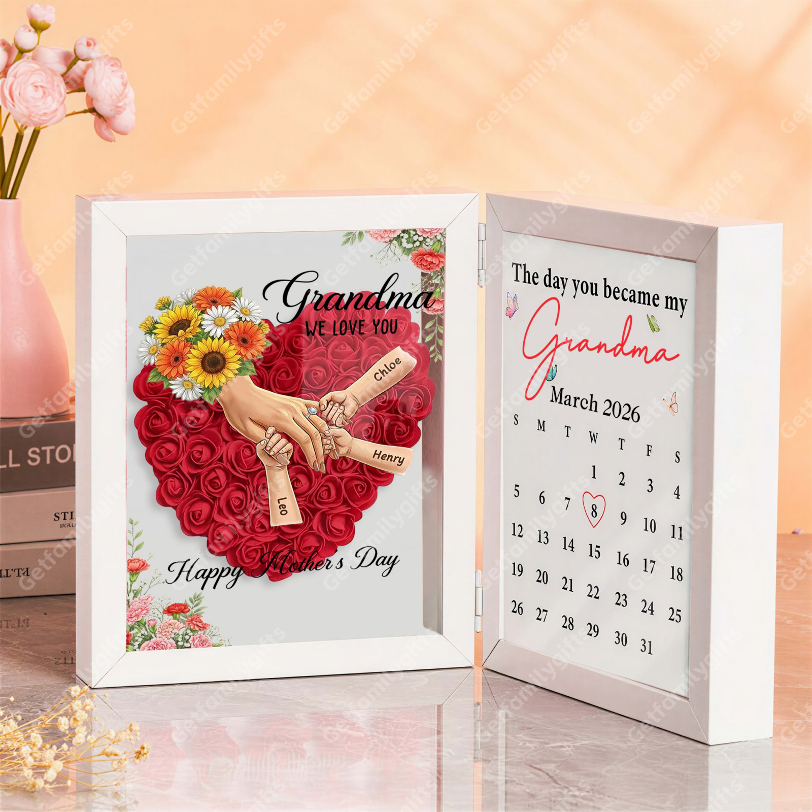 Personalized Mom Holding Hands Folding Flower Shadow Box with Calendar -Mother's Day Gift