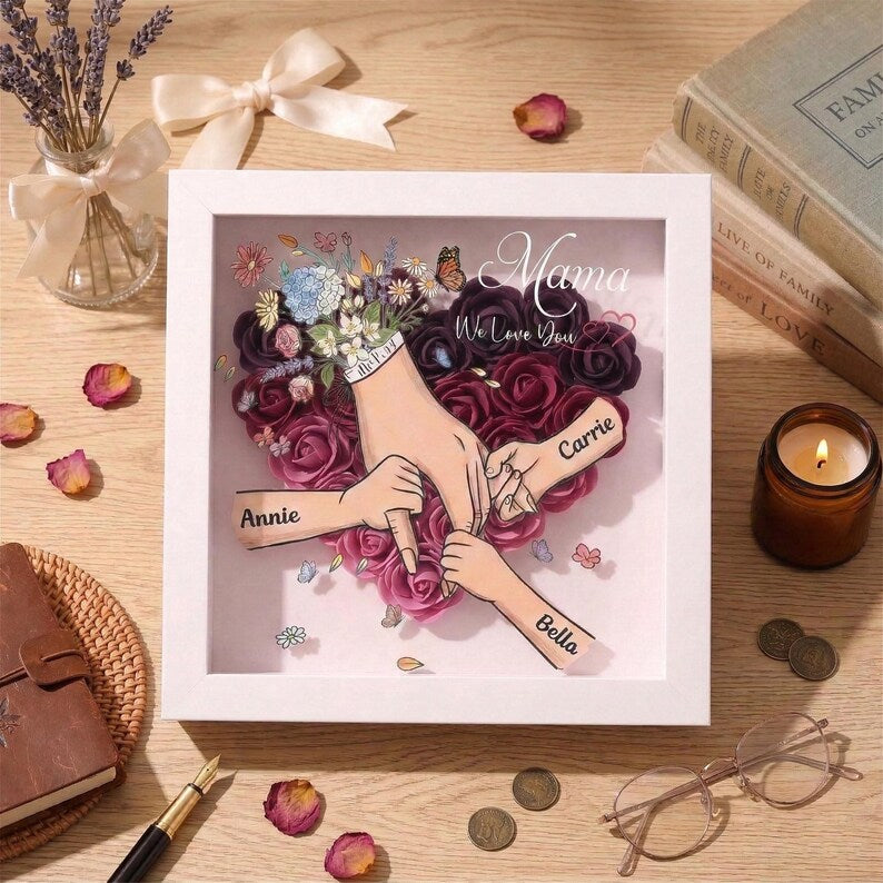 Personalised Rose Heart Hand Holding Flower Shadow Box With Kids Names Gift For Mother’S Day Gift