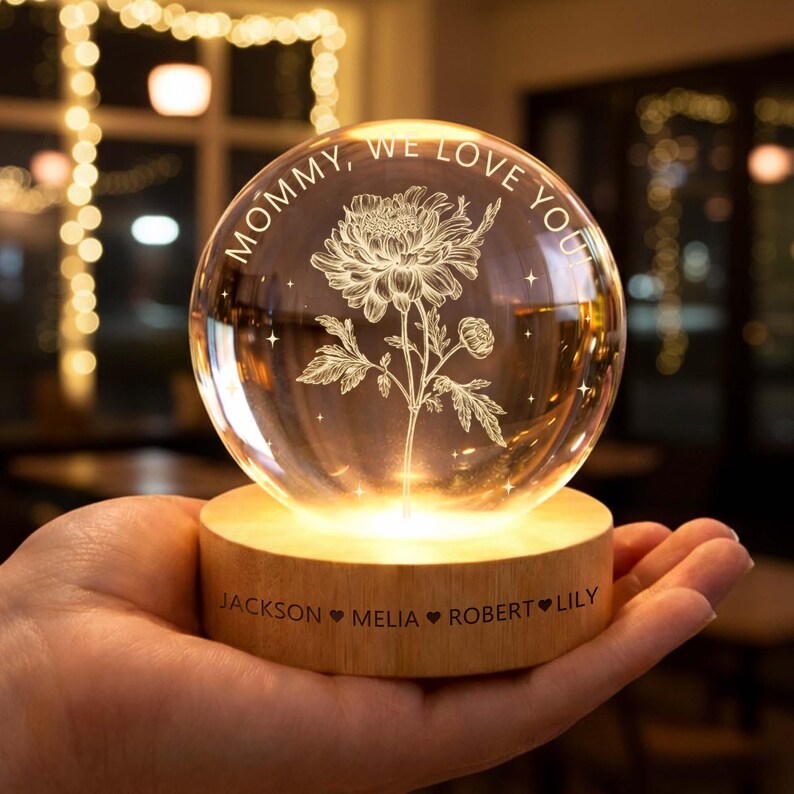 Personalized Birth Month Flower Crystal Ball Night Light, Custom Mother's Day Gift, Birthday Mom Gifts from Daughters, Sons