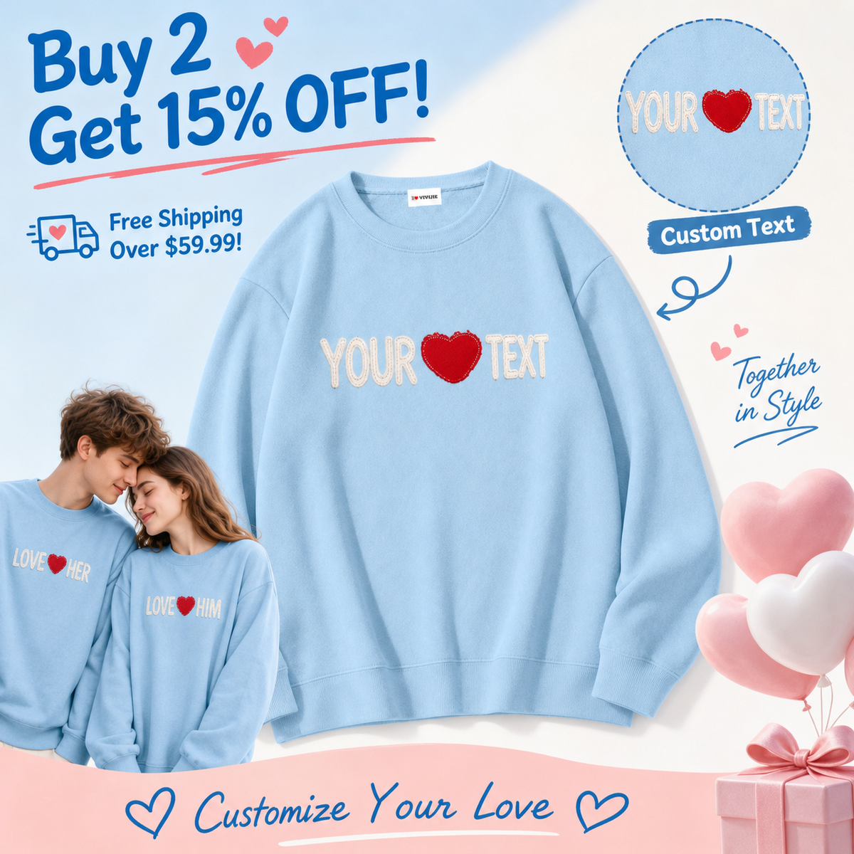 Custom Applique Couple Sweatshirt – Red Heart & Both Names Appliqued with Your Choice of Fabric, Personalized Gift for Boyfriend/Girlfriend, Anniversary Valentine's Day