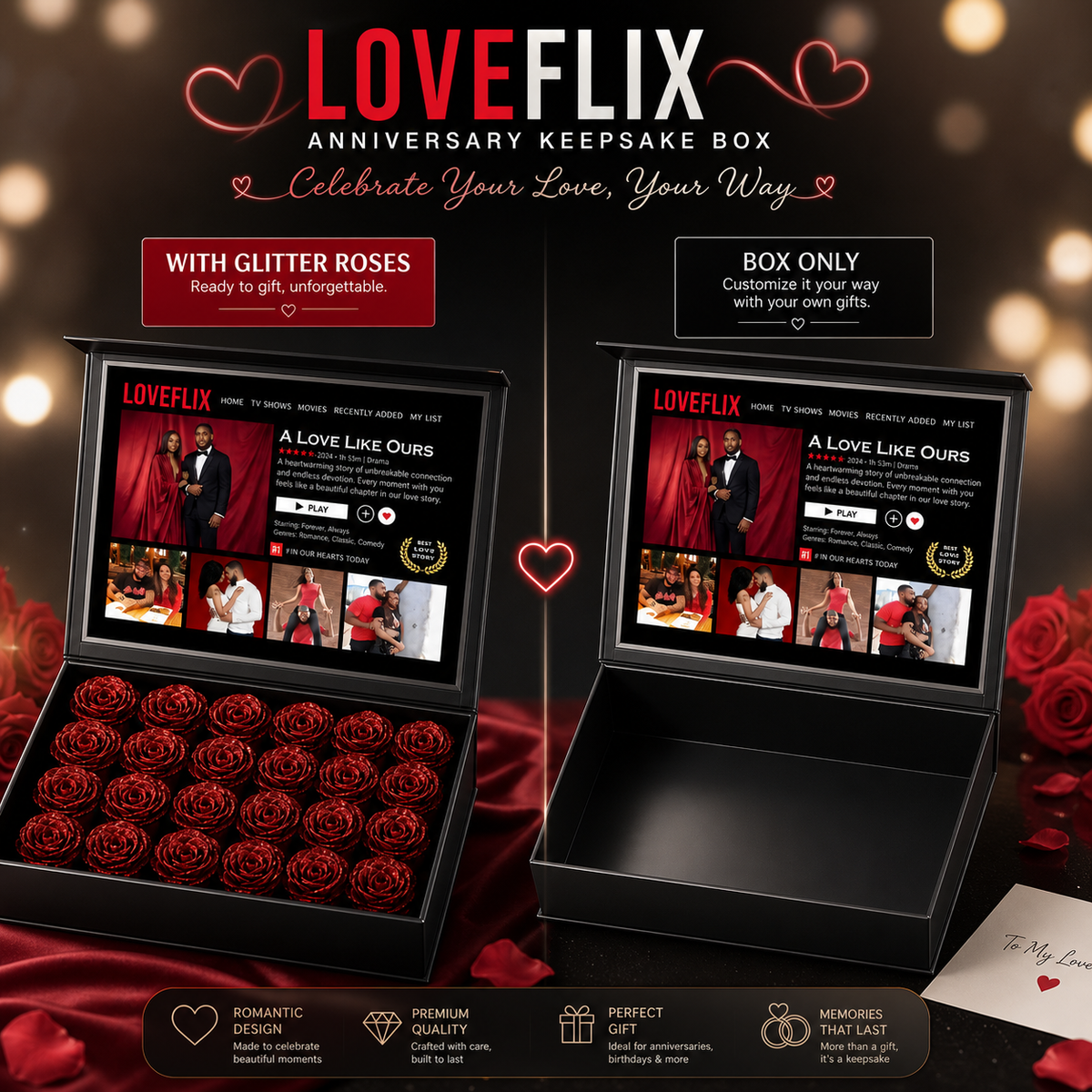 Custom LOVEFLIX Keepsake Box With Glitter Roses – Personalized Loveflix‑Style Couple Gifts
