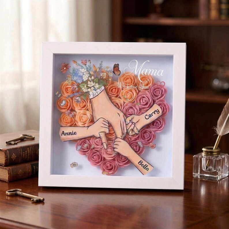 Personalised Rose Heart Hand Holding Flower Shadow Box With Kids Names Gift For Mother’S Day Gift