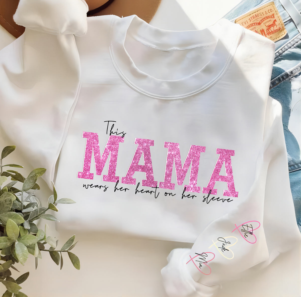 Personalized Wear Heart On Sleeve Mama Sweatshirt with Kid Names on Sleeves Mother's Day Birthday Gift
