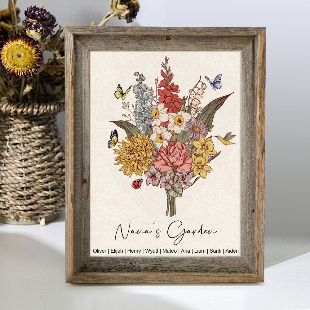 Custom Family Birth Flower Bouquet Art Print Frame with Kids Names Gift For Mother's Day (Customized free)