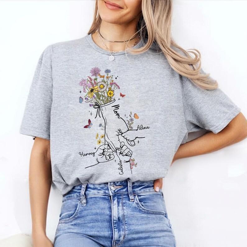 Custom Flower Holding Child's Hand Mother And Grandmother Shirt