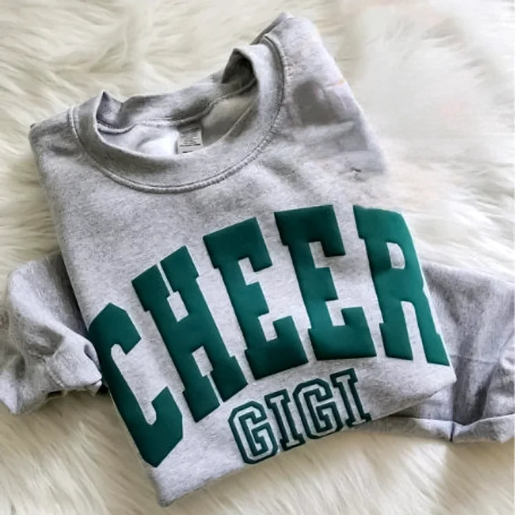 Personalized 3D PUFF Print Cheer Mom sweatshirt with Kids Name on Sleeve
