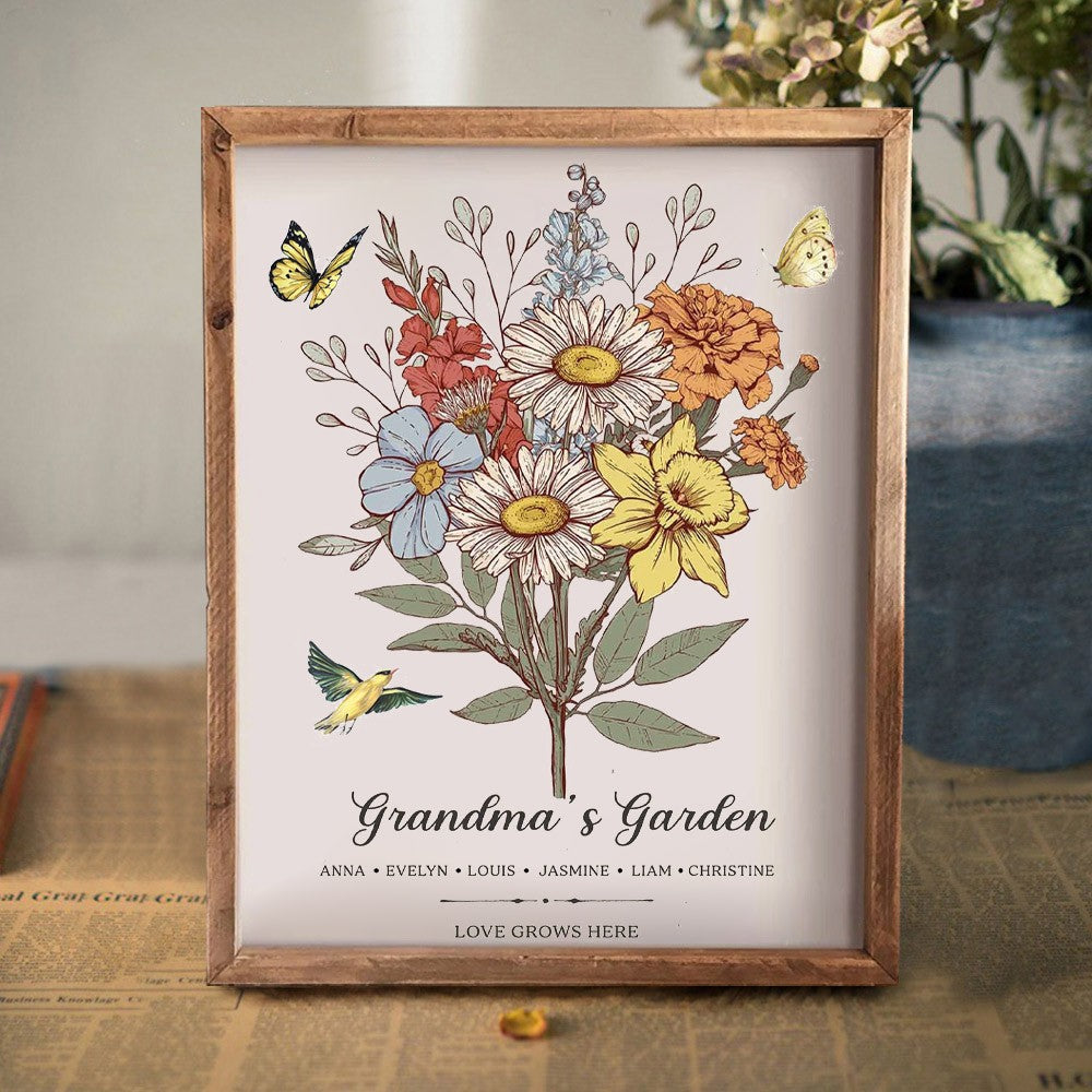 Custom Nana's Garden Birth Flower Bouquet Art Frame with Kids Names Gift for Mom Grandma