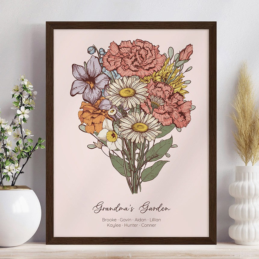 Grandma's Garden Birth Flower Bouquet Custom Art Print For Mother's Day Gift