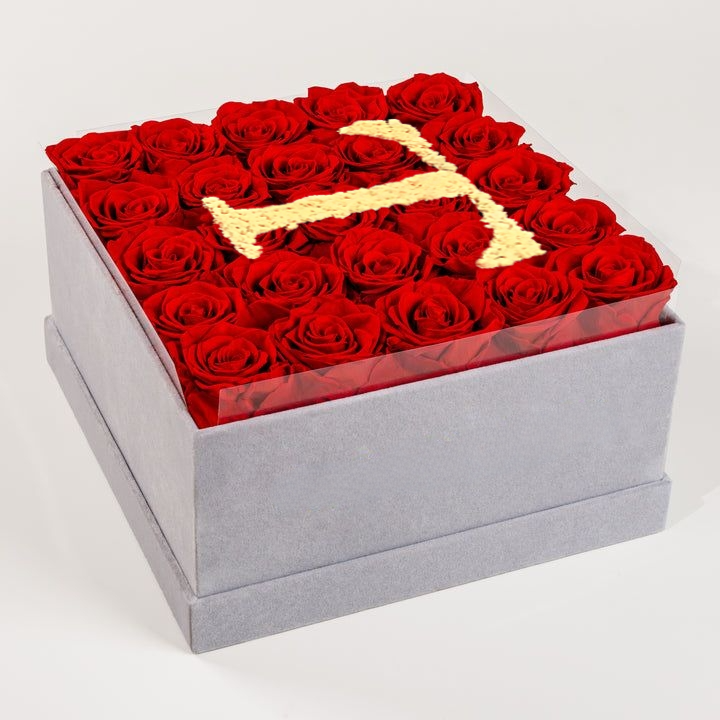 25 Flat-Box Glitter Roses with Initial
