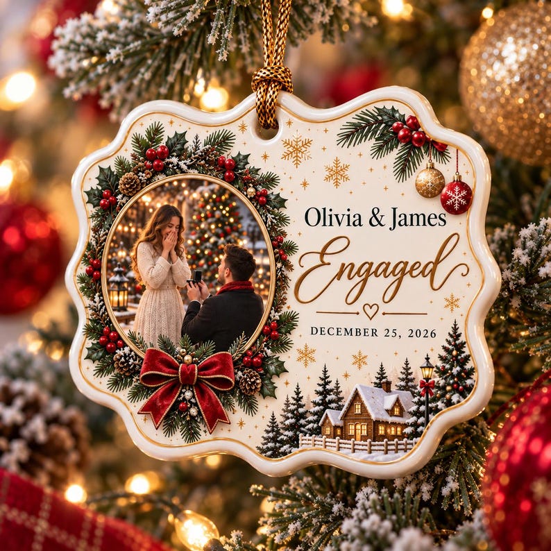 Engaged Ornament with Photo, First Christmas Engaged Keepsake, Personalized Couple Names & Date, Custom Christmas Proposal Memory