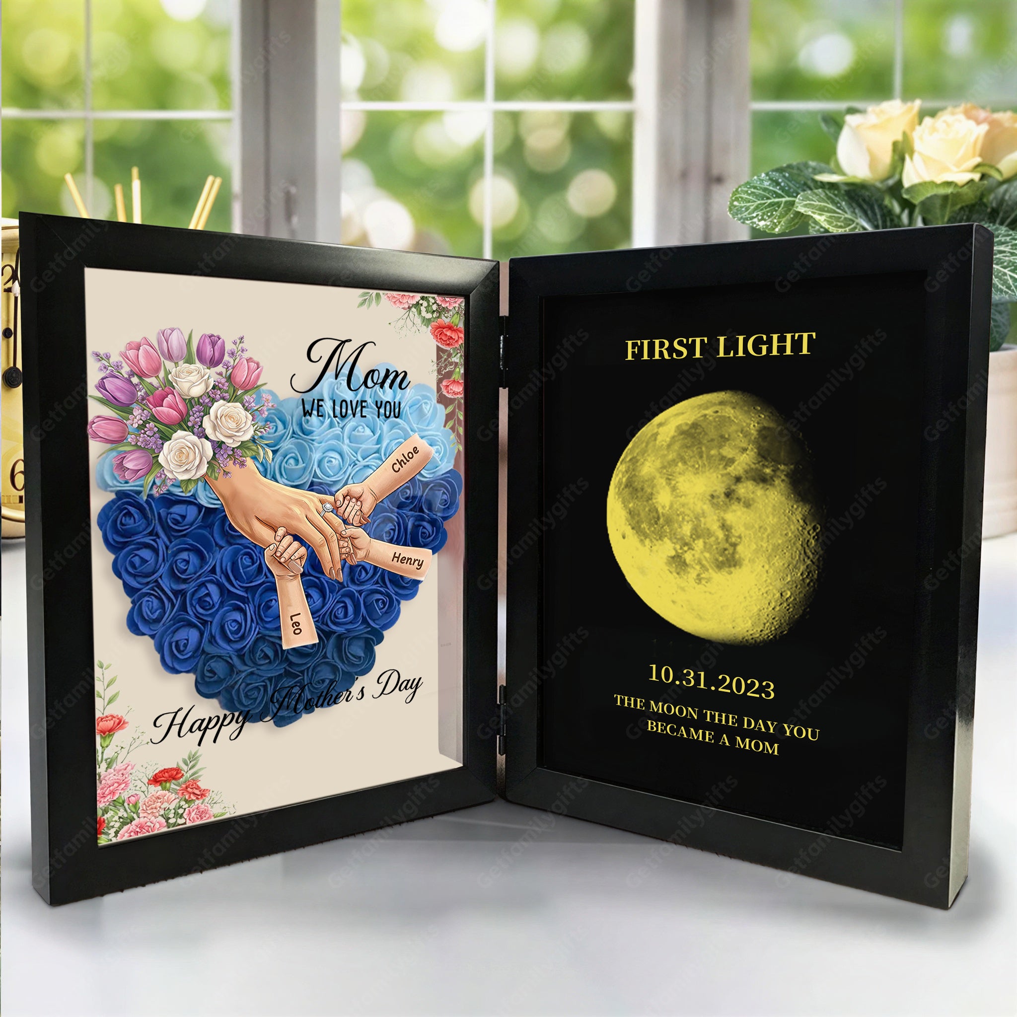 Personalized Mom Holding Hands Folding Flower Shadow Box with Moon Phase -Mother's Day Gift