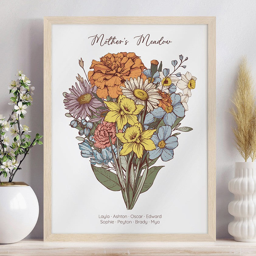 Custom Grandma's Garden Birth Flower Bouquet Art Print For Mother's Day