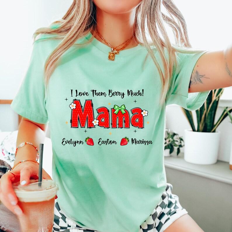 Custom Strawberry Mom T-Shirt with Child's Name Printed - Sweet Mother's Day Gift for Her