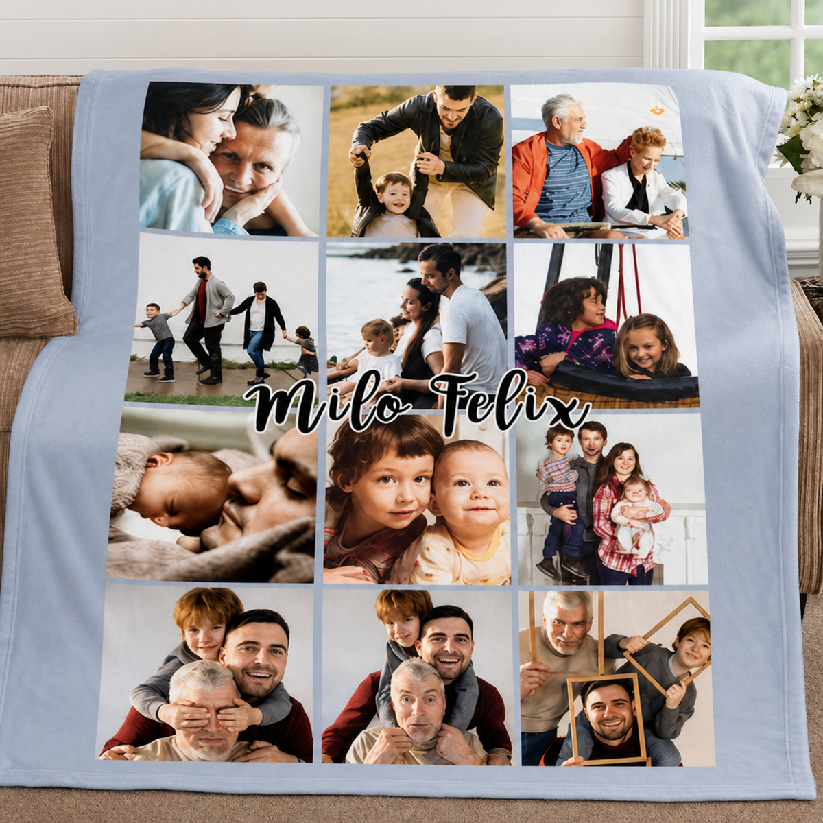 Custom 12 Photo Collage Blanket with Personalized Name, Family Memory Fleece Throw Blanket