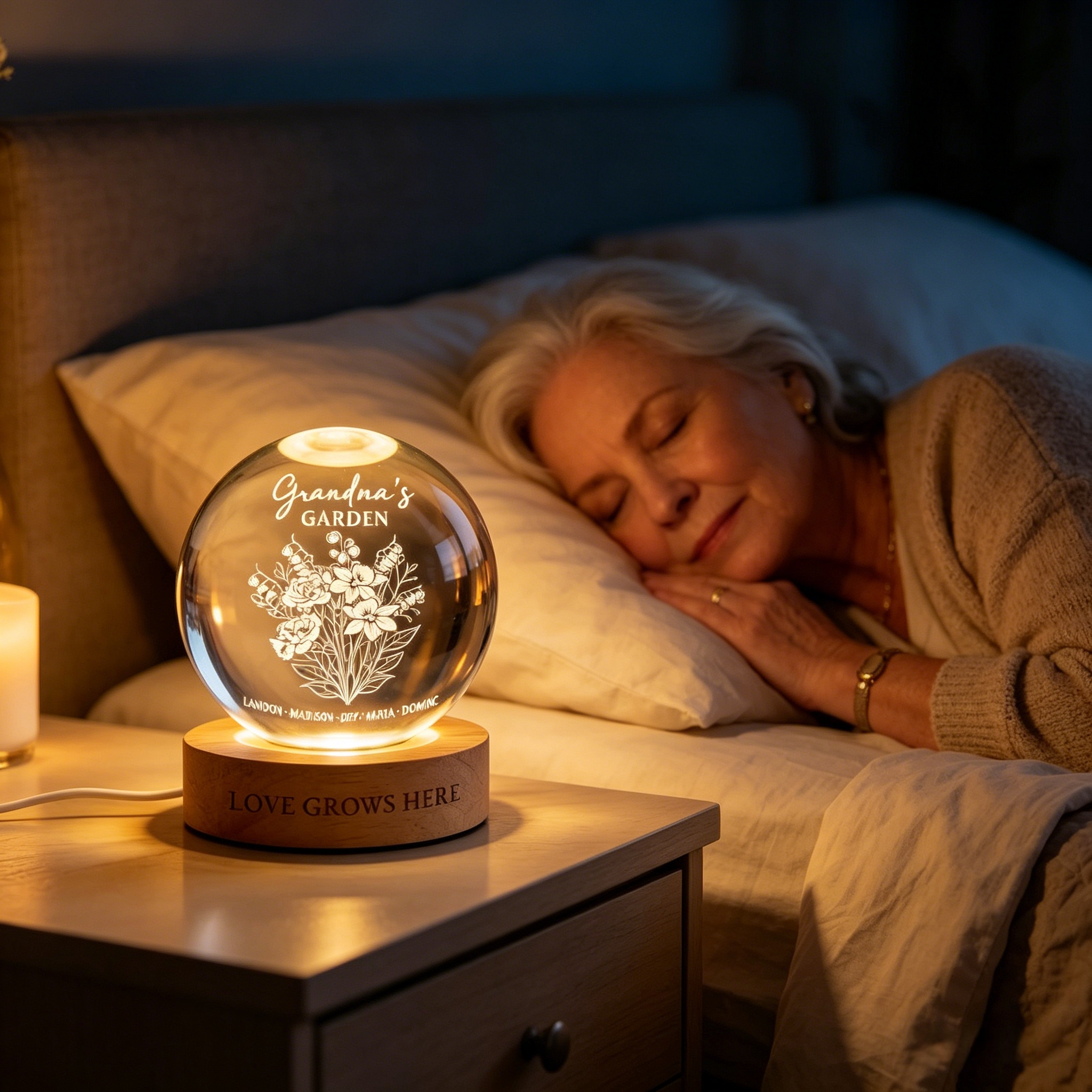 Personalized Birth Month Flower Crystal Ball Night Light Custom Name Quotes Mother's Day Gift for Mom Grandma