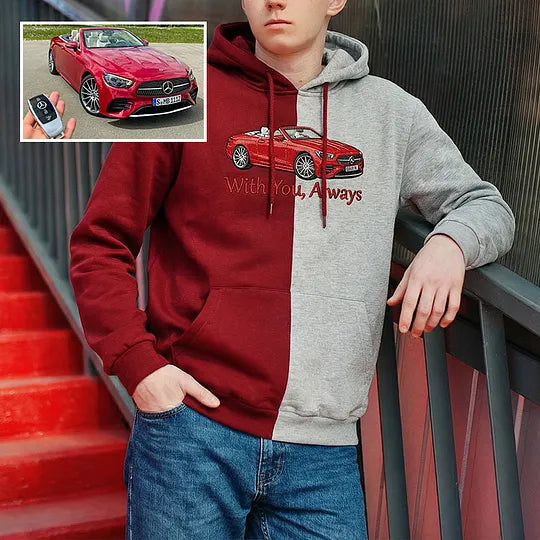 Custom Two Tone Embroidered Hoodie with Motorcycle or Car Photo Personalized Ride Gift