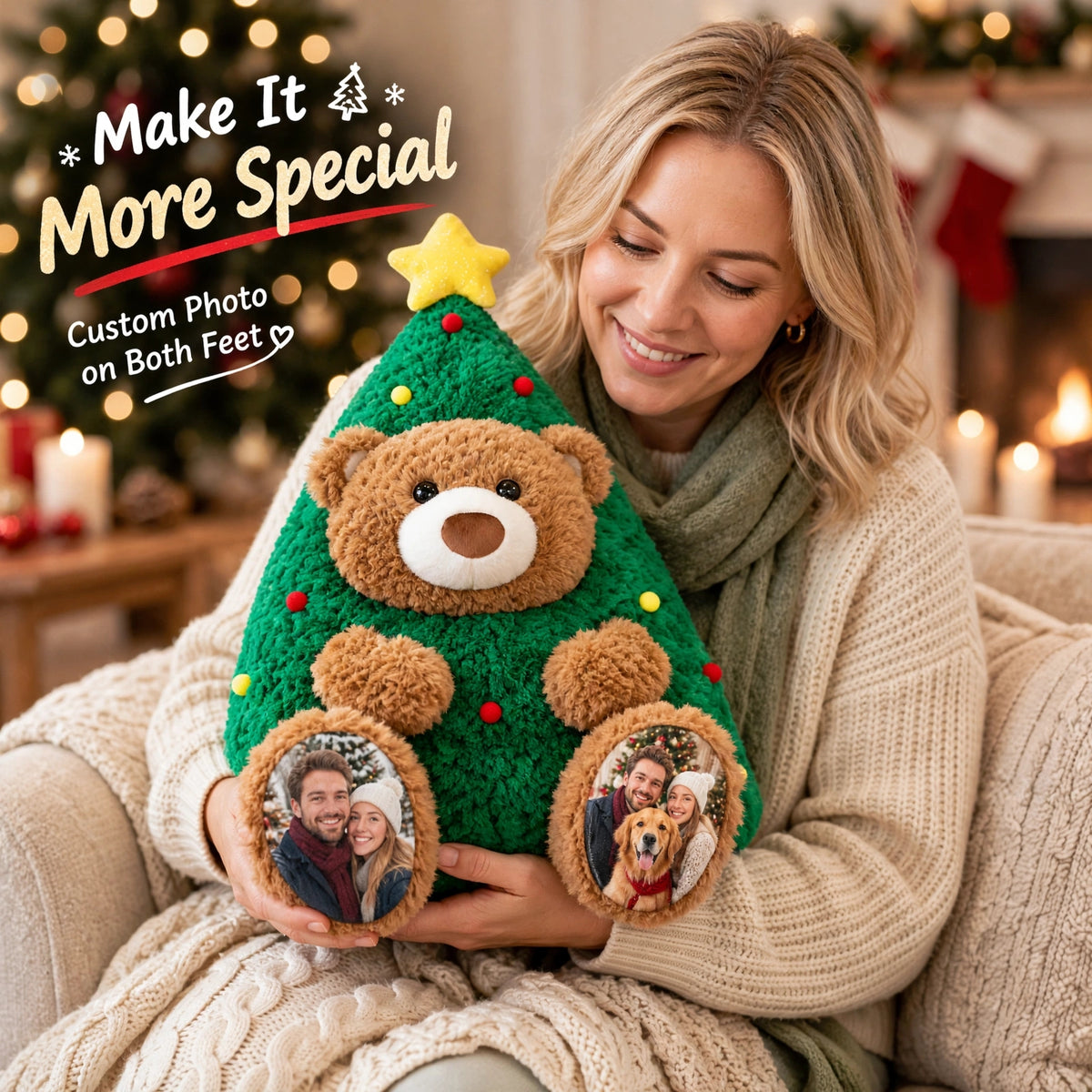 Personalized Christmas Tree Bear Plush – Custom Photo Bear with Personalized Paw Prints, Christmas Gift for Couples & Families