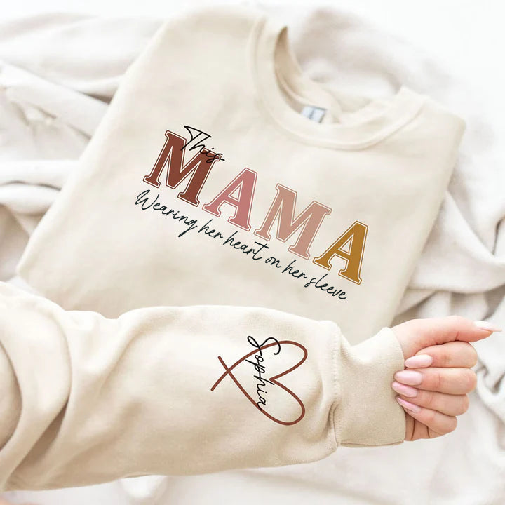 Wear Your Heart on Your Sleeve – Personalized Mama Sweatshirt with Kids’ Names | for Mom and Grandma Gift