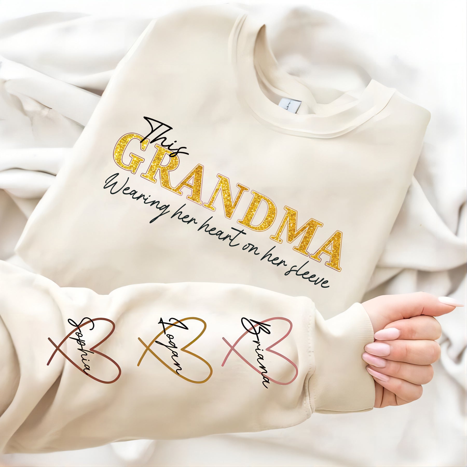 Personalized Wear Heart On Sleeve Mama Sweatshirt with Kid Names on Sleeves Mother's Day Birthday Gift