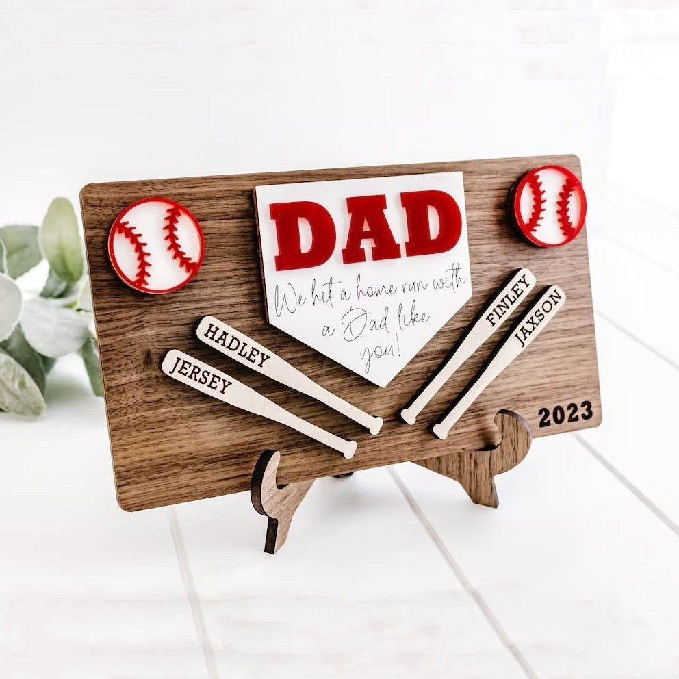 Personalized Baseball Dad Sports Wood Sign With Kids Name For Father's Day