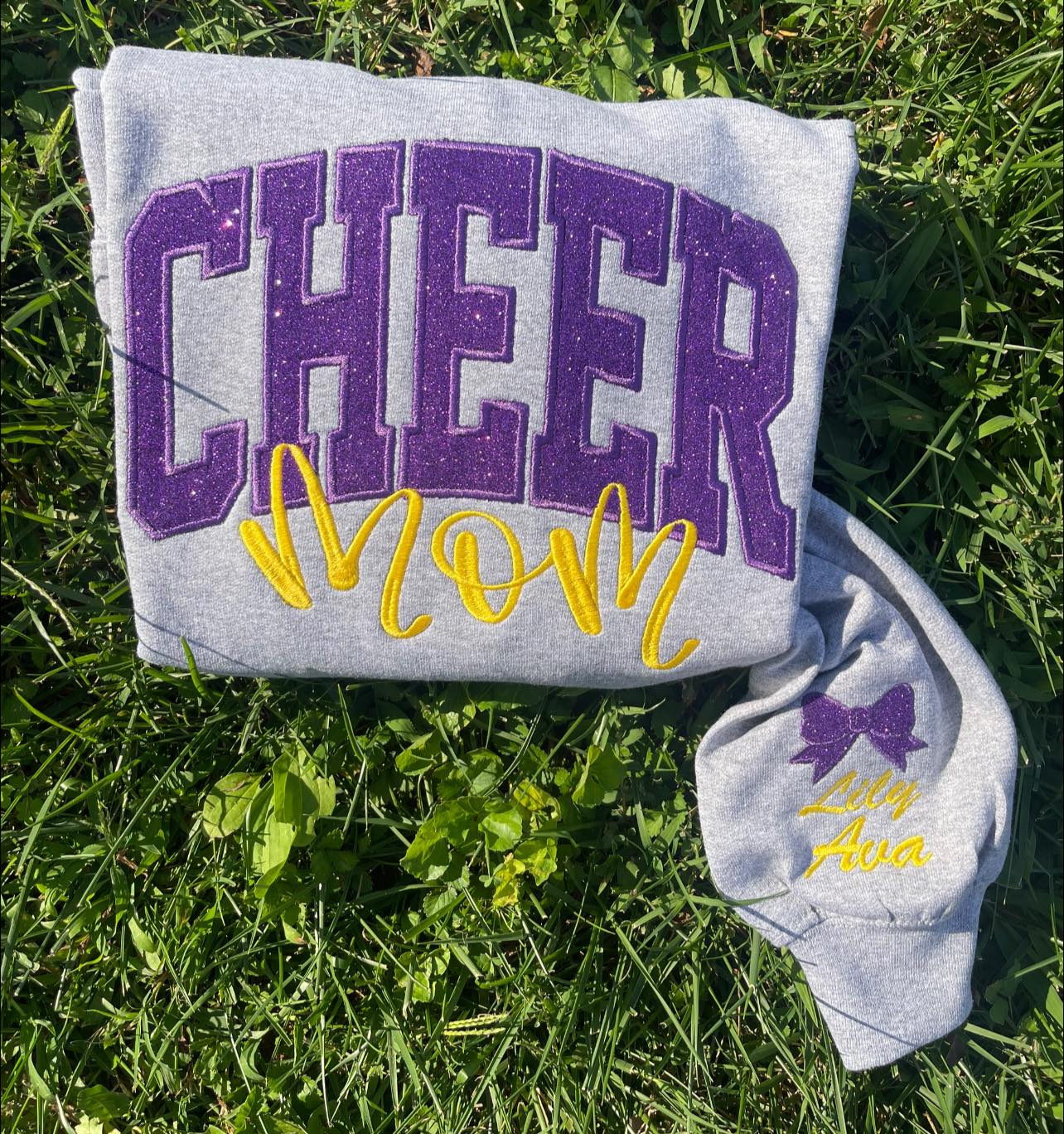 Embroidered Glitter Cheer Mom Sweatshirt With Kids Names On The Sleeve