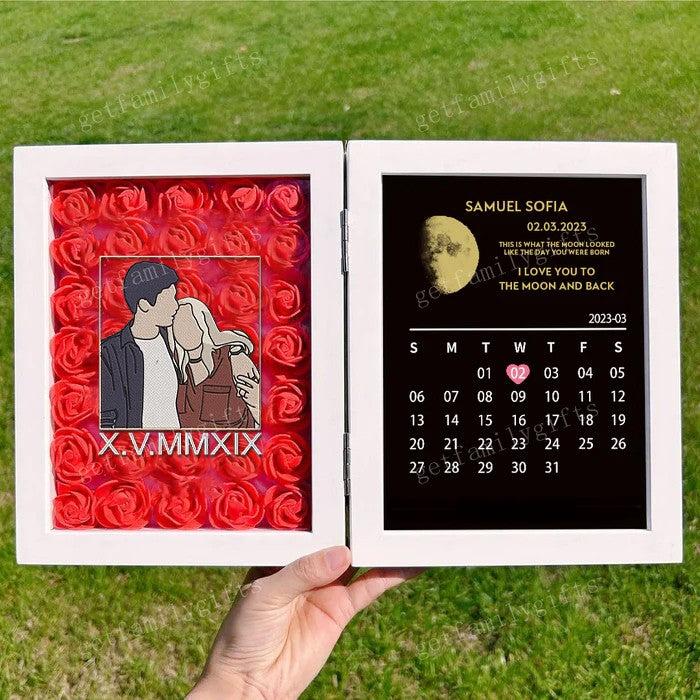 Custom Couple Portrait Flower Shadow Box With Moon Phase Calendar Frame