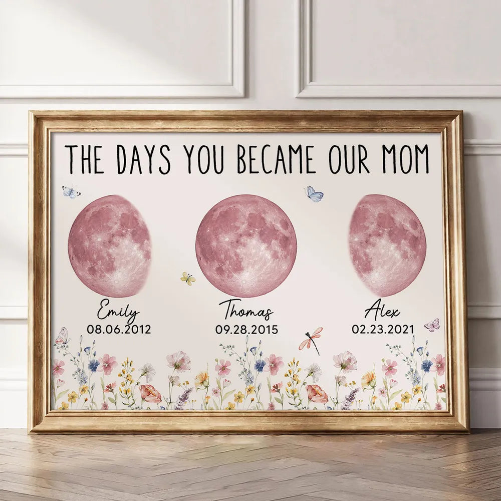 Wild Flowers The Day You Become Mom Grandma Custom Pink Birthday Moon Phase Personalized Poster
