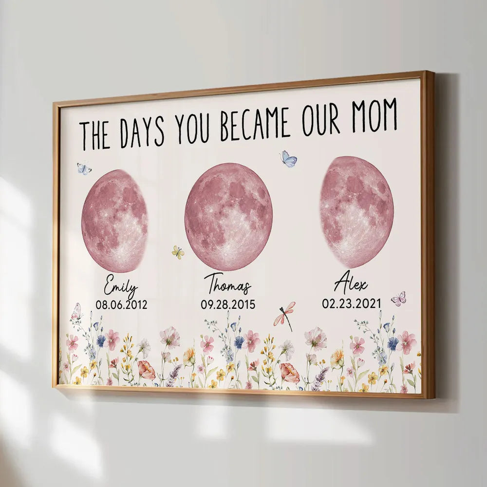 Wild Flowers The Day You Become Mom Grandma Custom Pink Birthday Moon Phase Personalized Poster