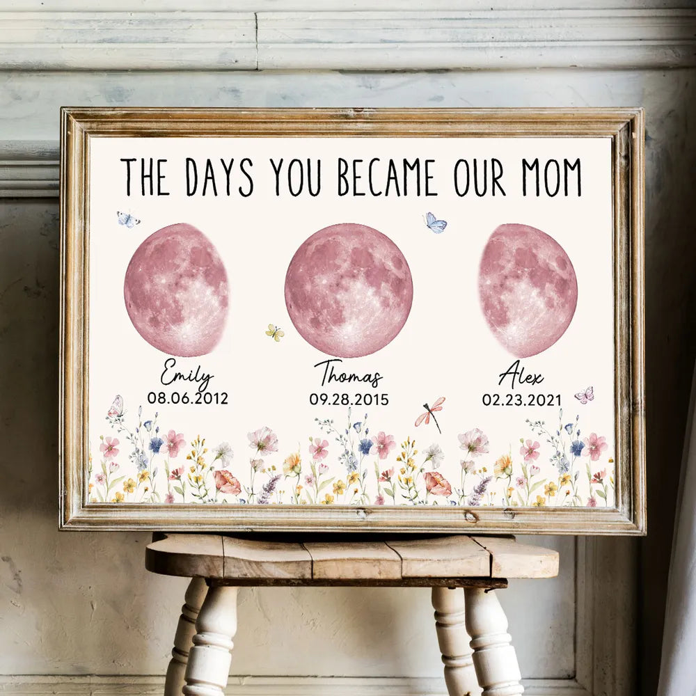 Wild Flowers The Day You Become Mom Grandma Custom Pink Birthday Moon Phase Personalized Poster