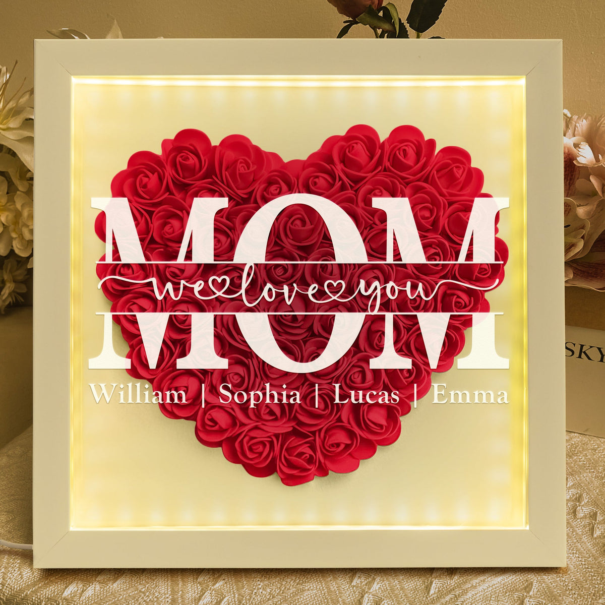 We Love You Mom - Personalized Flower Shadow Box With LED Light