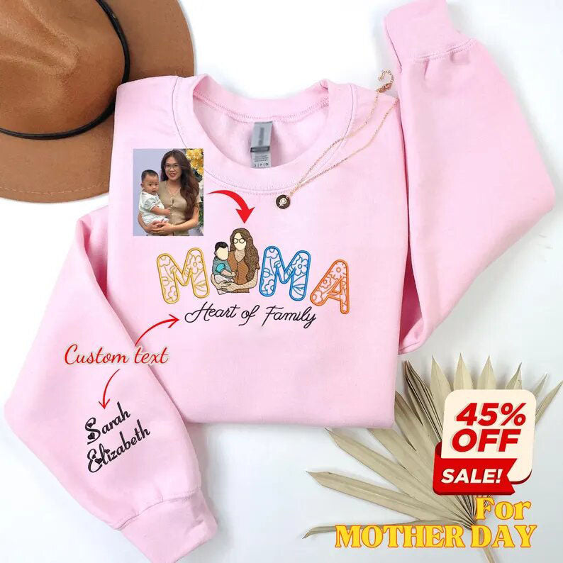 Custom Embroidered Portrait Photo Floral Mama Sweatshirt With Kids Names