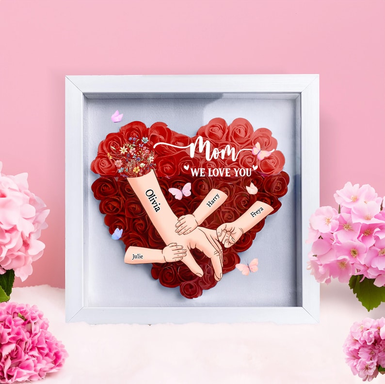 Personalized Handprints Mom And Children Flower Shadow Box