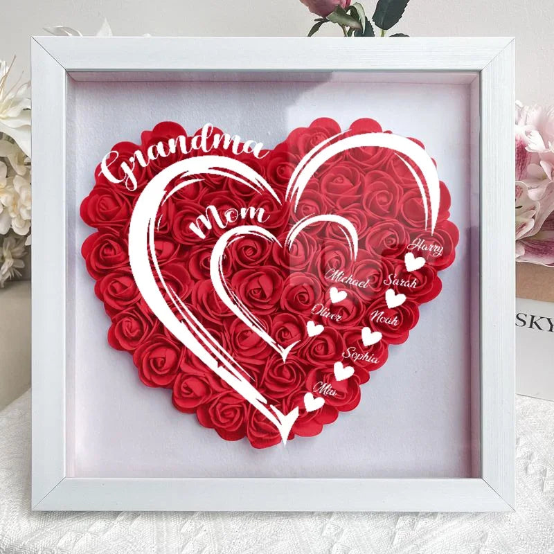 Mom Grandma Hearts Custom Kids' Names - Personalized Flower Shadow Box With LED Light