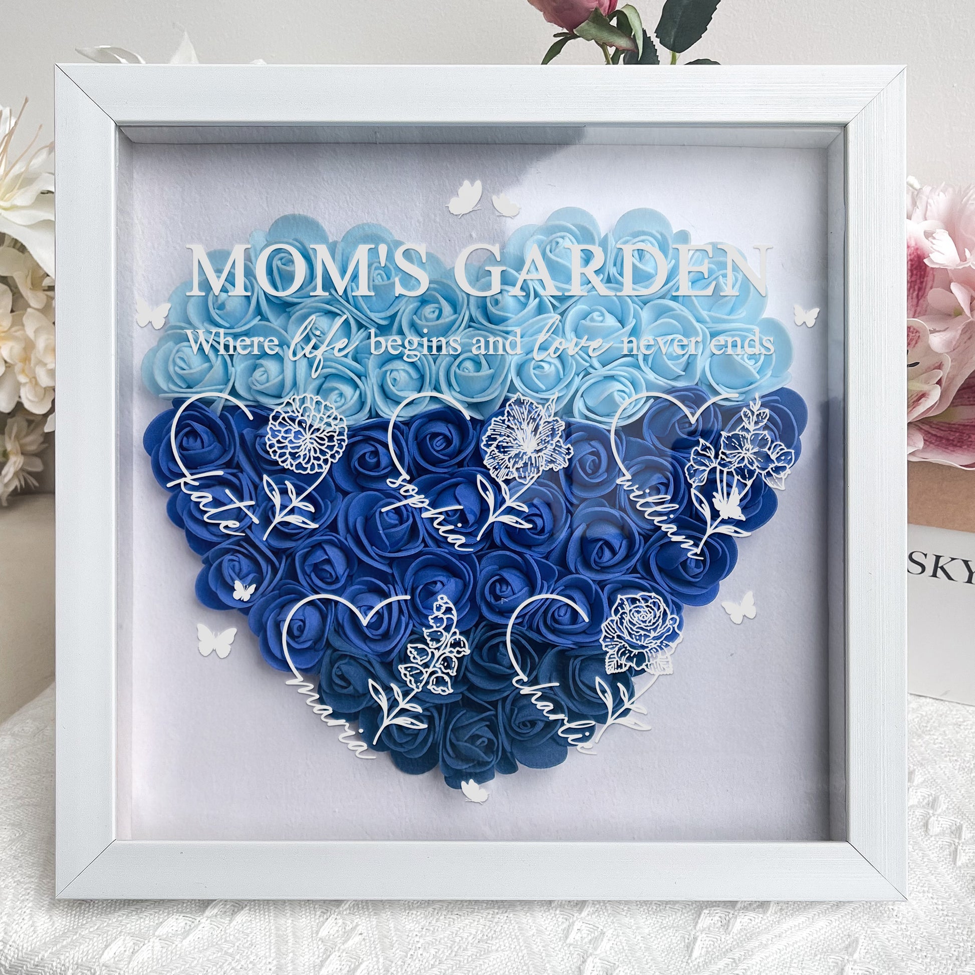Mom's Garden Custom Kids' Names & Birth Flowers - Personalized Flower Shadow Box