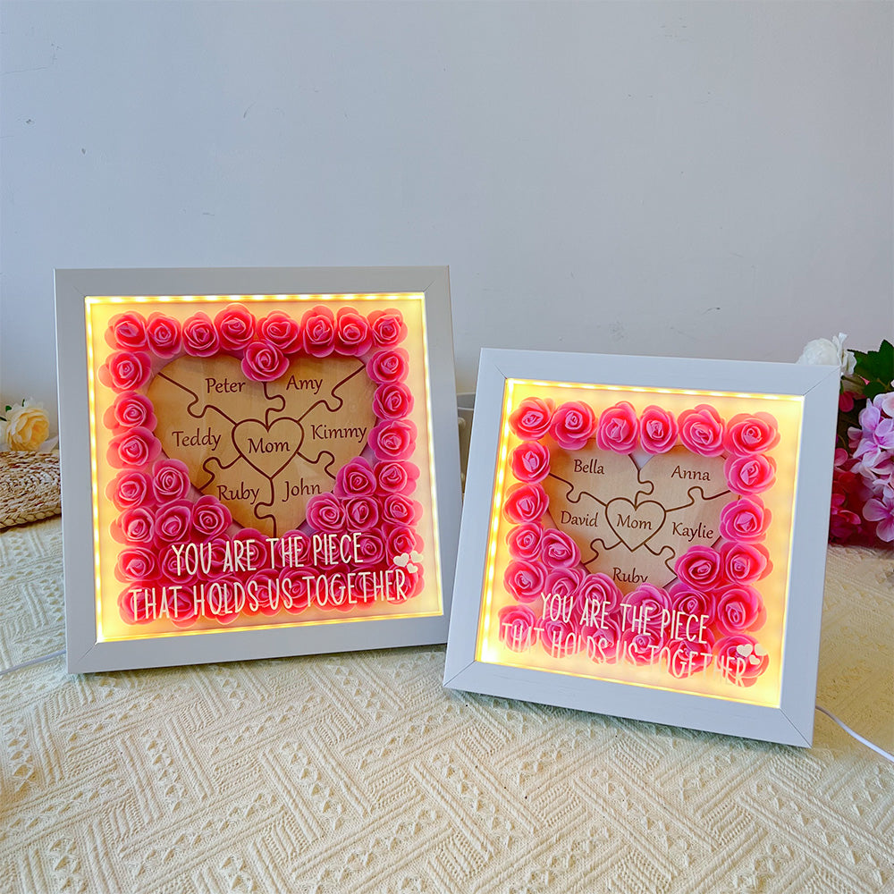 Personalized Puzzle Piece Mom Heart Shaped Flower Shadow LED Box