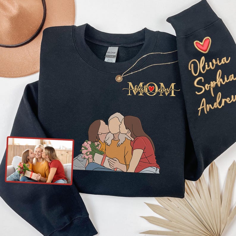 Custom Photo Portrait Embroidery Sweatshirt With Kids Names