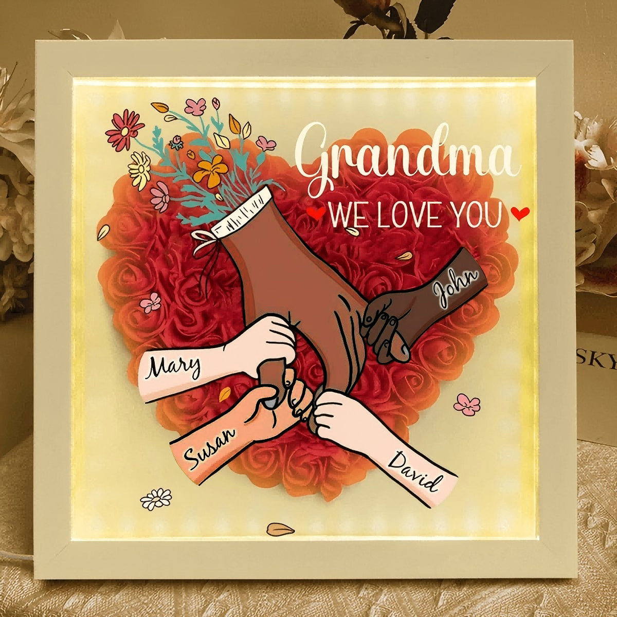 (Multiracial Family-Different Skin Tones)-Custom Hand Holding Family Flower Shadow Box