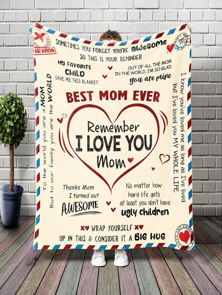 Heart And Slogan Pattern Blanket For Mom, Modern Knitted Fabric Sleeping Blanket Mother's Day Gift