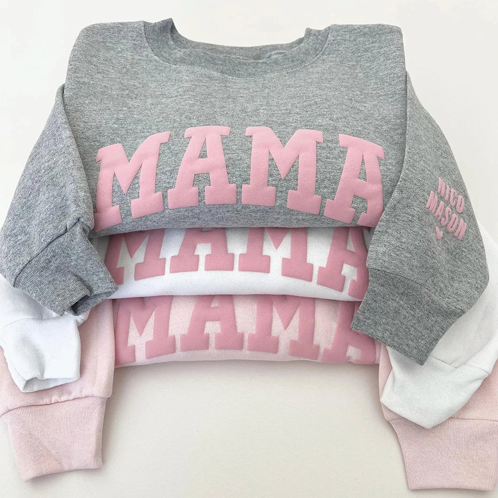 Custom Puff Letters Mama Sweatshirt With Kids Names On Sleeve