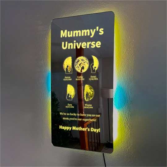 Customized Mother Moon Phase Art And Character Silhouette Vertical Mirror Lamp