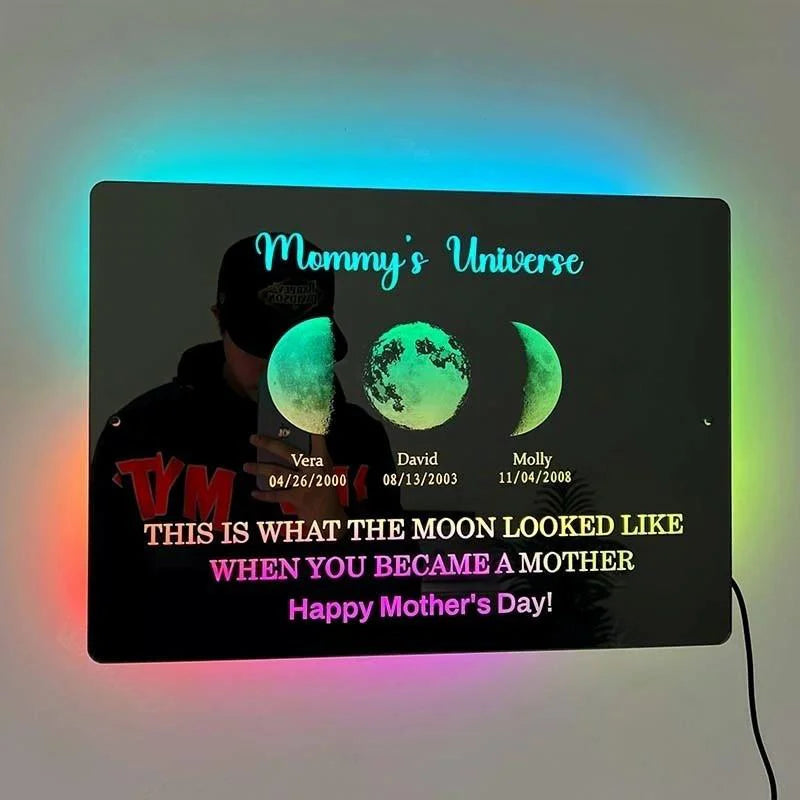 Custom Led Mirror Light Frame With Text And Date Mom's Universe
