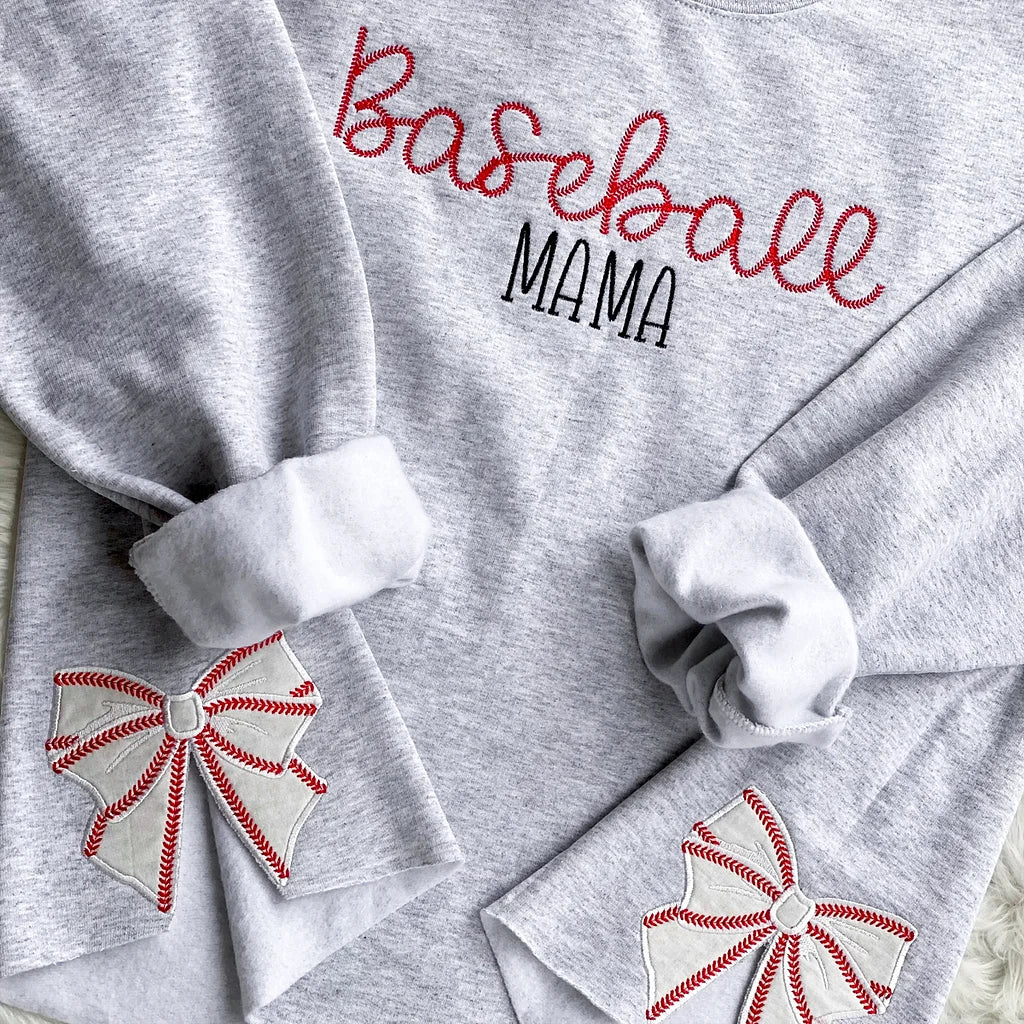 Embroidered Baseball Softball Mama Sweatshirt With Coquette Baseball Softball Bows